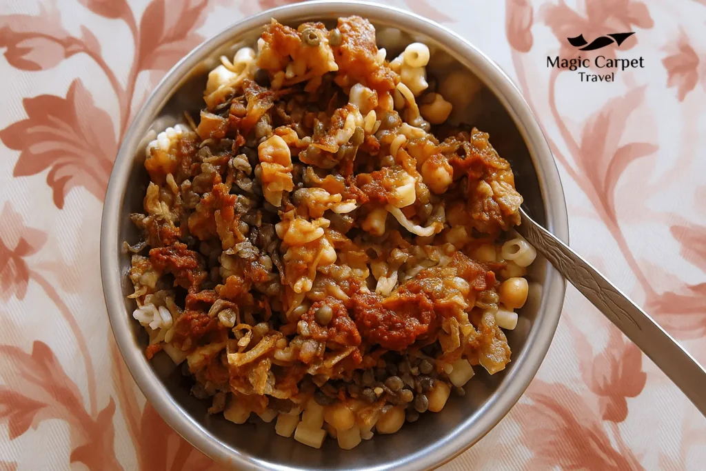 Egyptian Koshary is the most Egyptian popular food, and cosists of pasta, rice, onion, tomato sauce, and chickpeas.