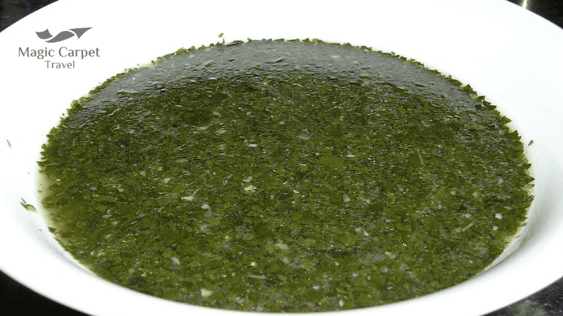 Egyptian Molokhia is a stew and consists of molokhia leafs cooked with garlic and coriander.