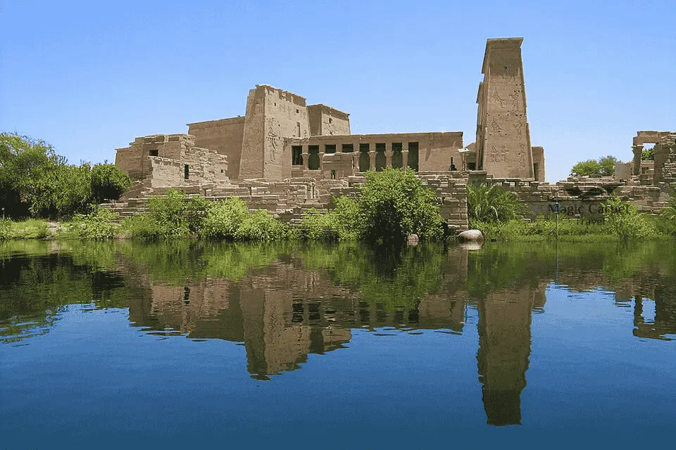 Agilika Island in Aswan, Egypt, home to the relocated Philae Temple surrounded by the Nile waters.