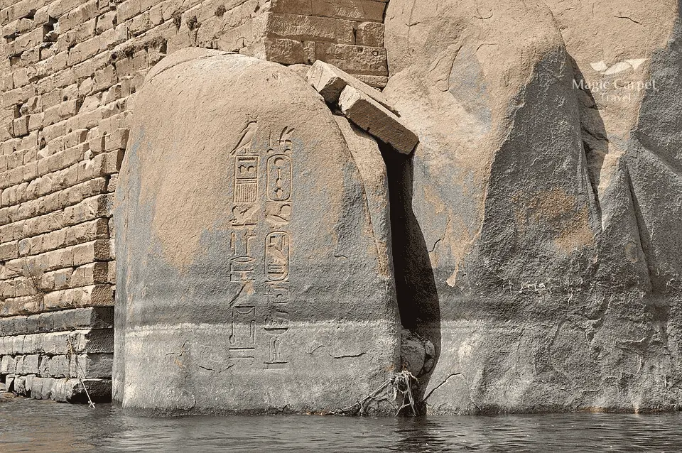 Elephantine Island in Aswan, Egypt, with views of ancient ruins, Nubian villages, and the Nile River