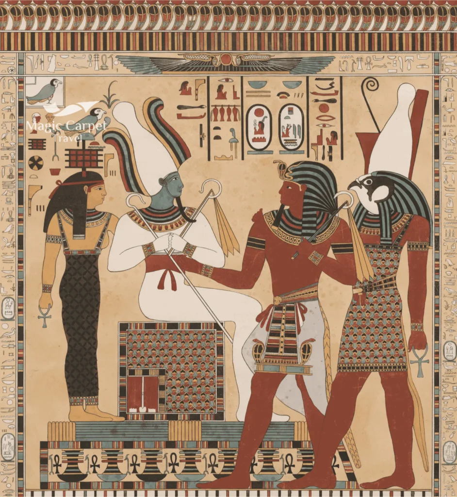Ancient Egyptian depiction of the Isis and Osiris legend showing the goddess Isis and god Osiris, symbols of love, rebirth, and mythology