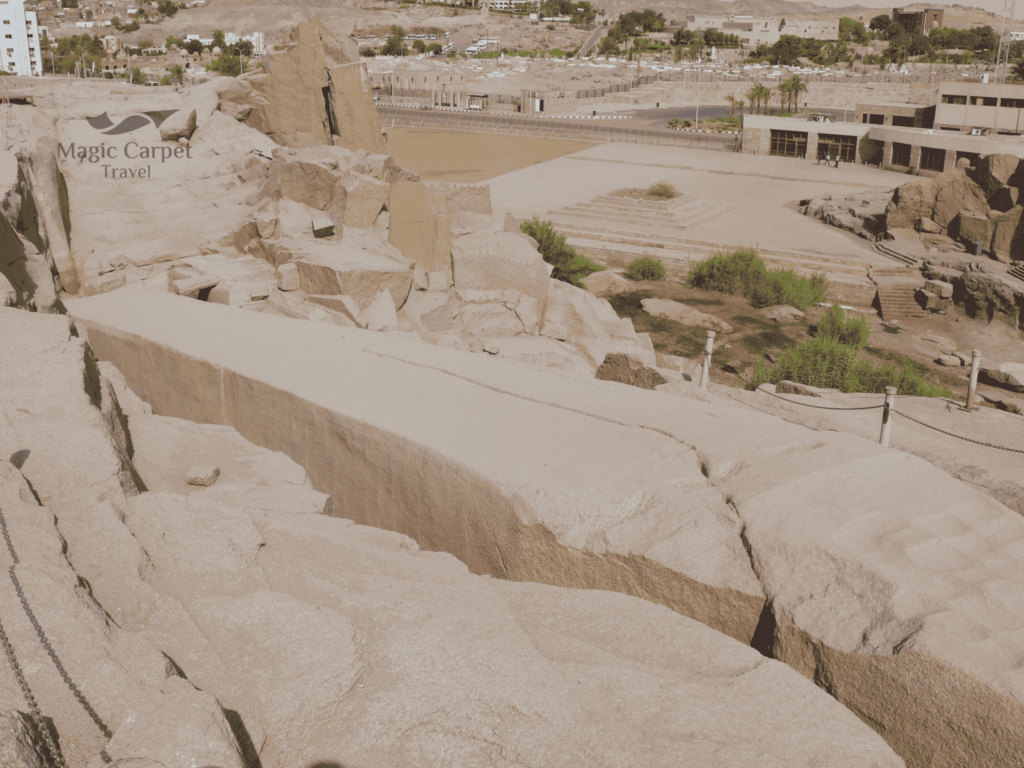 The Unfinished Obelisk in Aswan, Egypt, showing the massive granite monument partially carved from the quarry